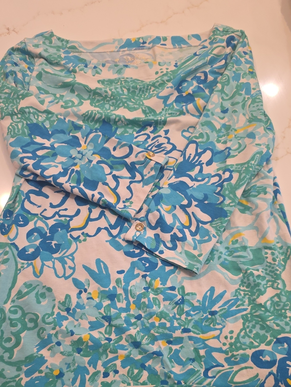 Lilly Pulitzer Blue, Aqua & Yellow Floral Top With 3/4 Sleeves.  GUC
